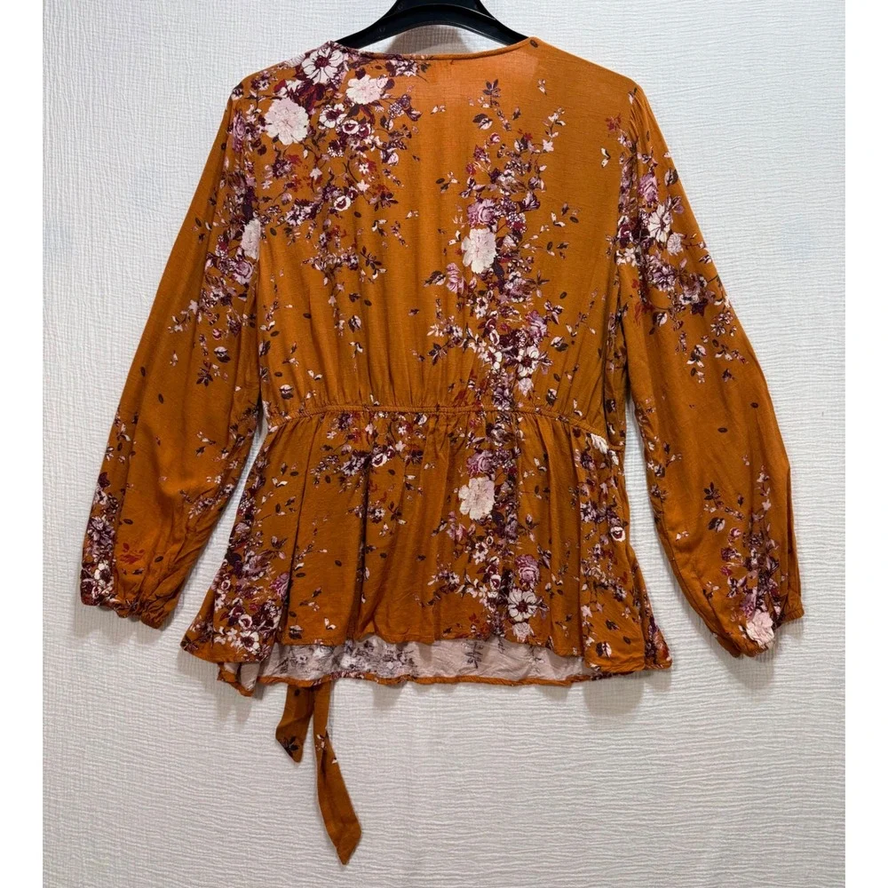 Maurices WrapvTop Womens 1X Rust Floral Peplum Crochet Trim V-Neck Cottagecore - Picture 2 of 12